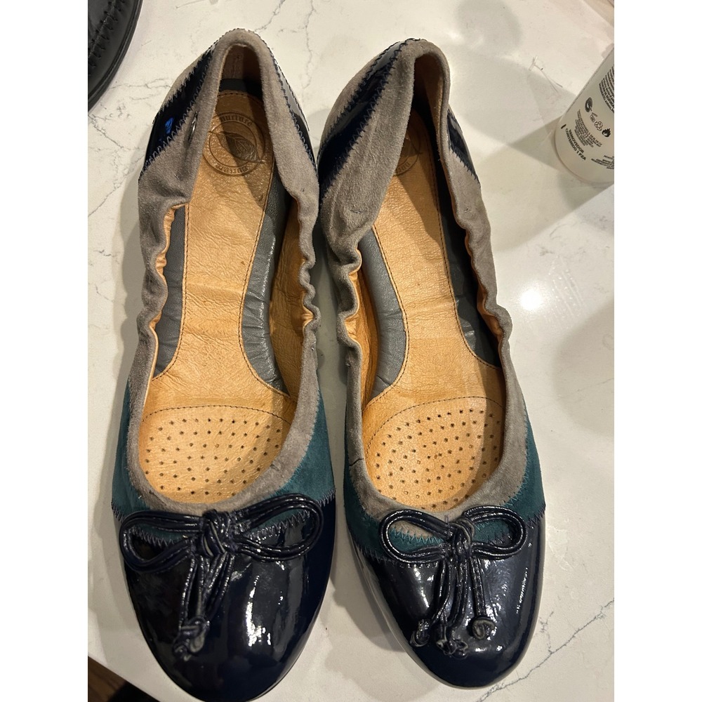 Nurture Ballet Flats Navy Teal Grey Patchwork Suede Patent Bow Comfort Shoes 10M